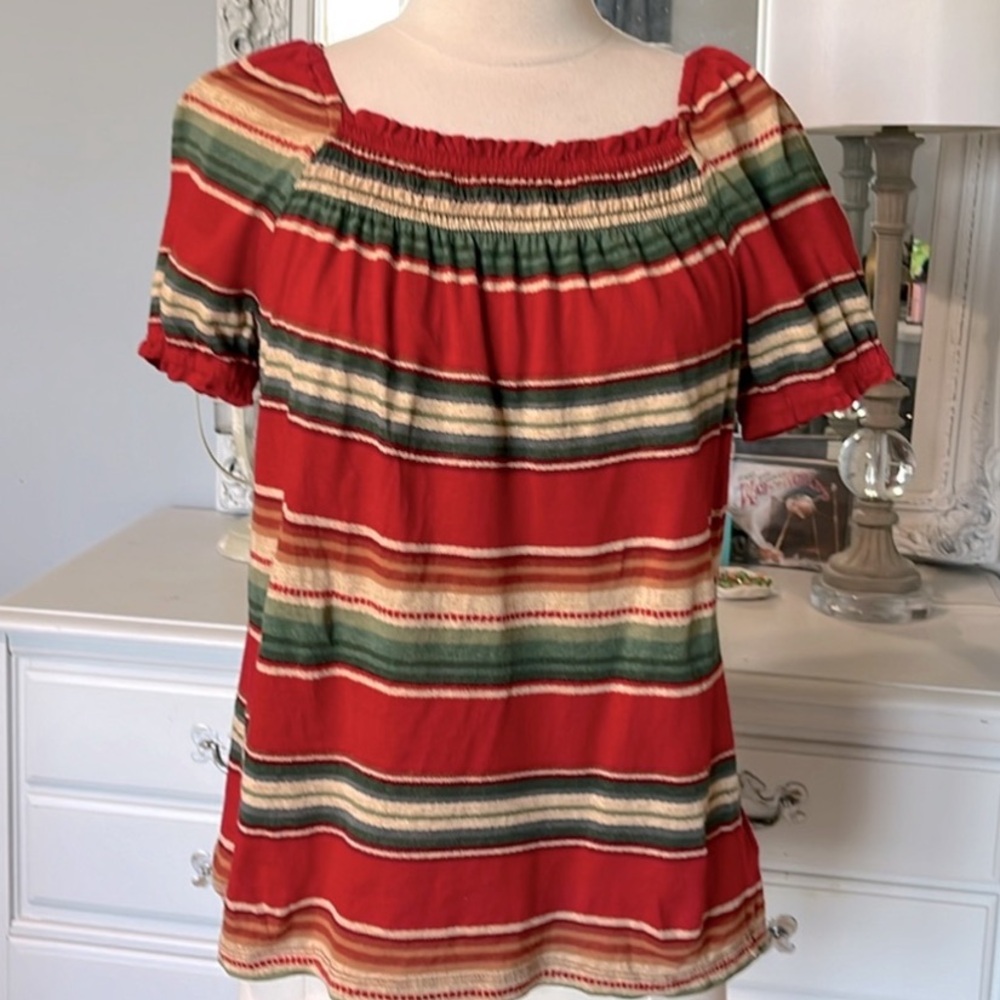Chaps Top Cotton Shirt Womens Medium Red Green Beige Earthy Flowy